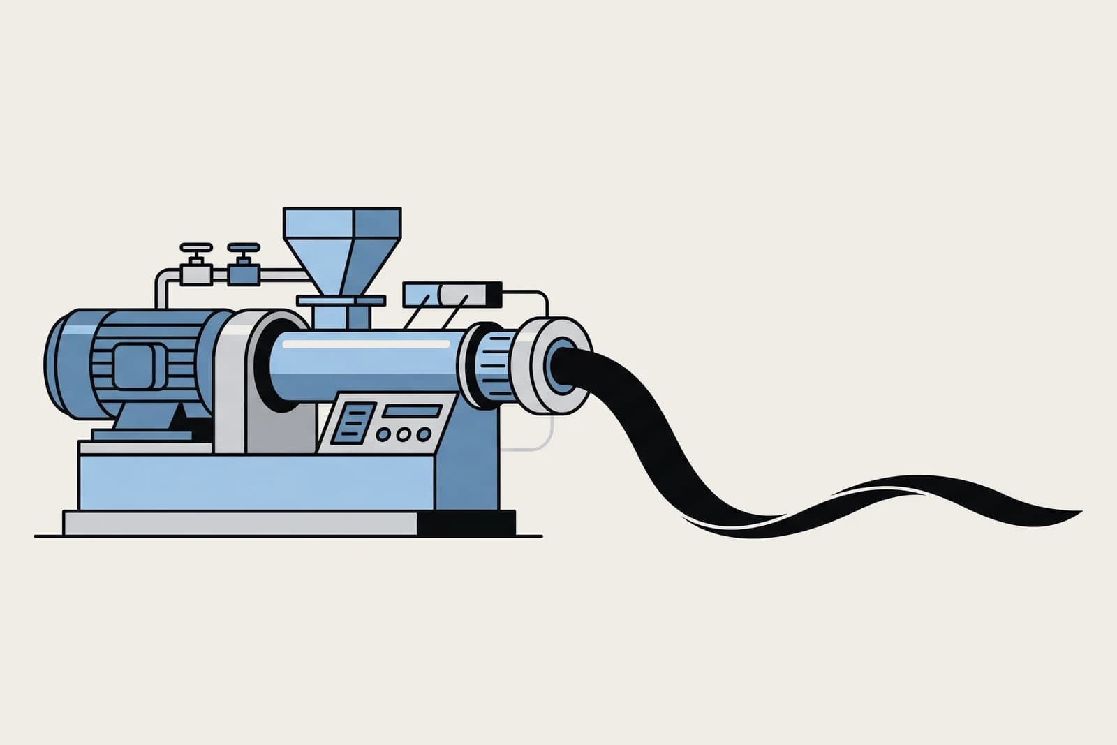 Rubber extrusion line: compound is fed through the extruder and emerges as a continuous profile